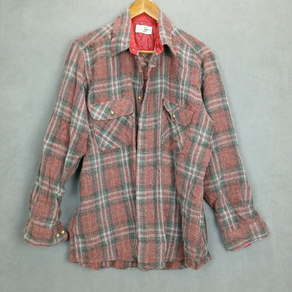 Vintage Sears Roebuck Shirt Mens LT Burgundy Plaid Flannel‎ Acrylic Button Up